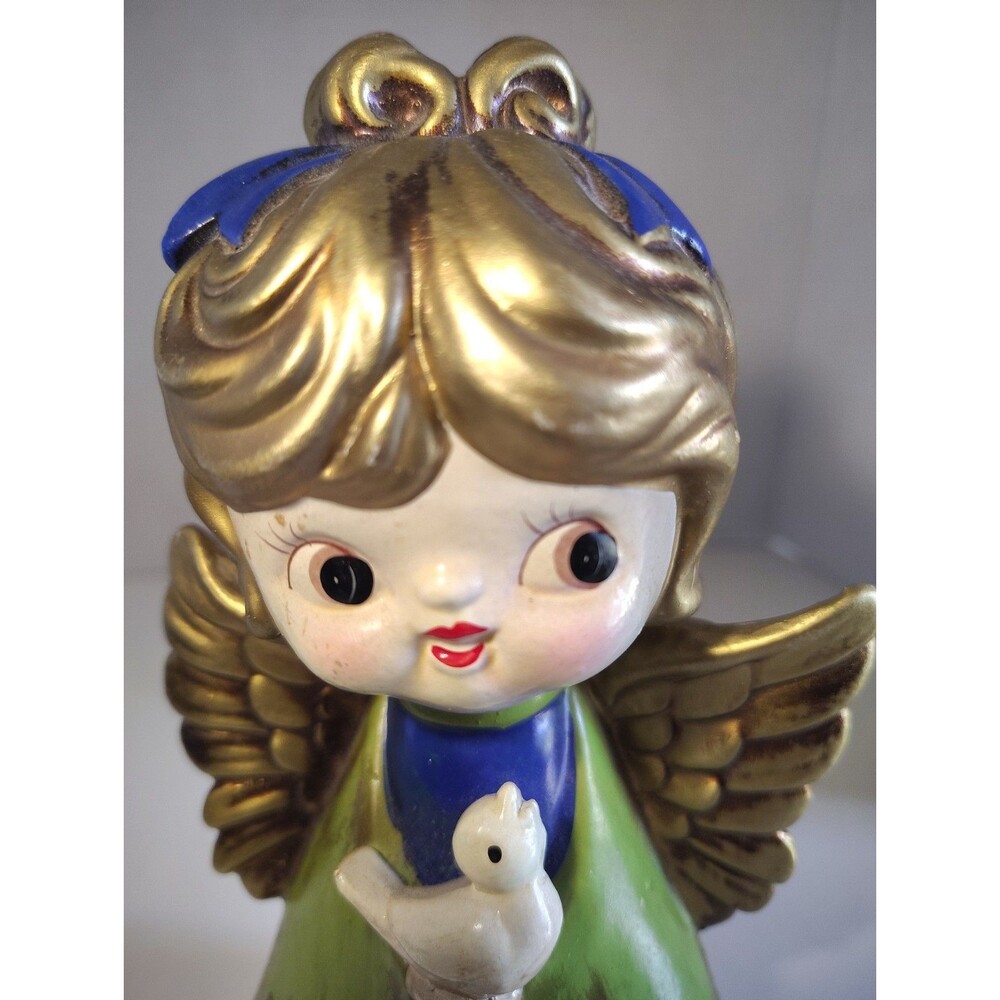 VTG HOLT HOWARD Chalkware Christmas Angel Green Blue Holding Bird Wings Japan 55 - Picture 3 of 14